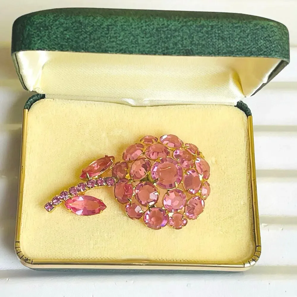 Vtg 60s Juliana DeLizza Elster Pink Rhinestone Flower Brooch Pin Original Box